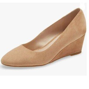 YDN Nude Almond Toe Slip on Pump Wedge Low Heels Date Office Shoes